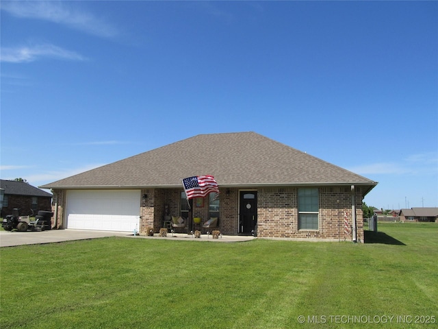 60 S Kaylee Rd, Calera, OK 74730 - single story home with driveway, a front yard, brick siding, a garage, and a shingled roof