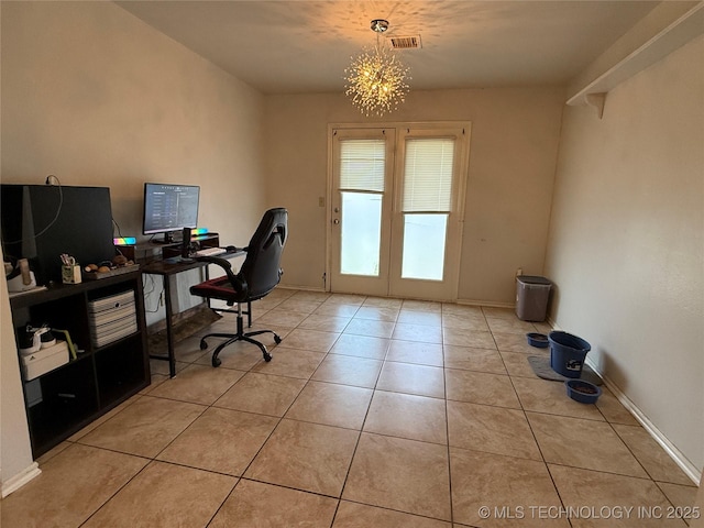 office featuring french doors, light tile patterned floors, baseboards, visible vents, and a notable chandelier