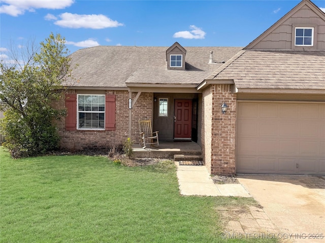 view of front of home featuring a garage, concrete driveway, brick siding, a front lawn, and a shingled roof