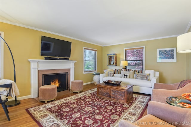 living area featuring a warm lit fireplace, baseboards, ornamental molding, and wood finished floors