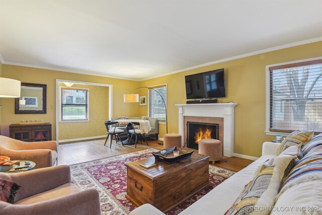living room with a warm lit fireplace, crown molding, baseboards, and wood finished floors