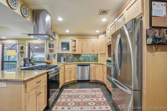 kitchen featuring stainless steel appliances, light brown cabinetry, island exhaust hood, visible vents, and a peninsula