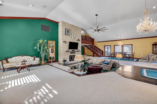 tiled living area featuring visible vents, crown molding, stairway, a stone fireplace, and vaulted ceiling