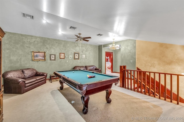 recreation room featuring carpet, billiards, and visible vents