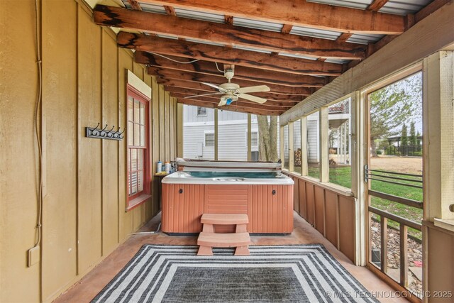 447560 Angler Way, Vinita, OK 74301 - sunroom / solarium featuring a hot tub and ceiling fan