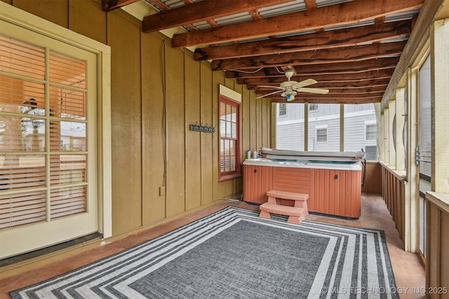 447560 Angler Way, Vinita, OK 74301 - sunroom featuring a jacuzzi, beamed ceiling, and a ceiling fan