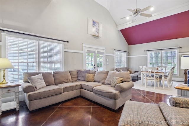 447560 Angler Way, Vinita, OK 74301 - living room with french doors, high vaulted ceiling, dark tile patterned floors, and ceiling fan