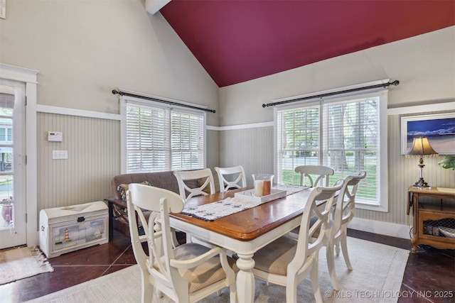 447560 Angler Way, Vinita, OK 74301 - dining area with high vaulted ceiling, a healthy amount of sunlight, and wainscoting
