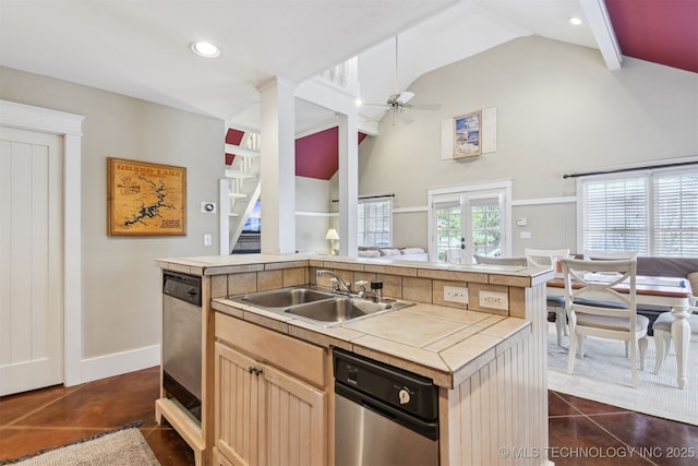 447560 Angler Way, Vinita, OK 74301 - kitchen with open floor plan, a sink, tile countertops, dishwasher, and a ceiling fan