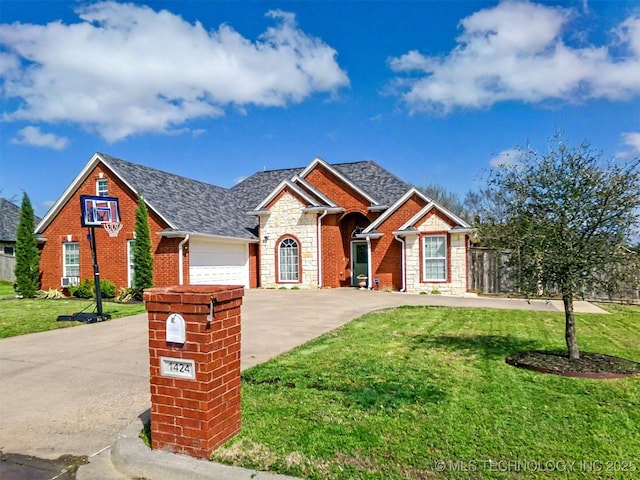 view of front facade featuring concrete driveway, stone siding, a front yard, brick siding, and a garage