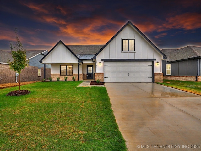 13406 E 124th St, Collinsville, OK 74021 - modern farmhouse style home featuring metal roof, a garage, a standing seam roof, board and batten siding, and a lawn