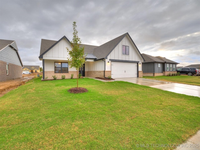 13406 E 124th St, Collinsville, OK 74021 - modern farmhouse style home featuring a standing seam roof, board and batten siding, driveway, a front yard, and brick siding