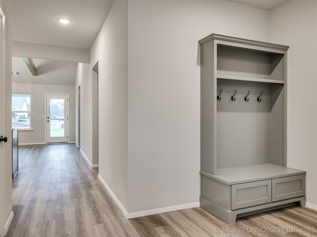 13406 E 124th St, Collinsville, OK 74021 - mudroom with baseboards, lofted ceiling, and wood finished floors