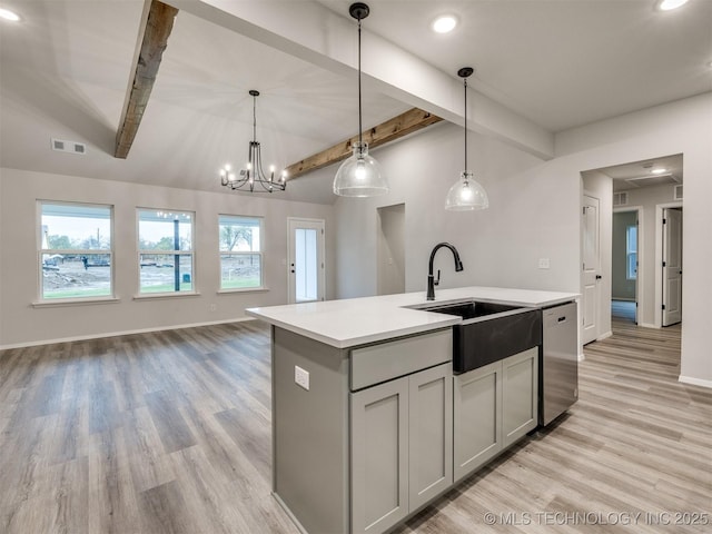 13406 E 124th St, Collinsville, OK 74021 - kitchen featuring light countertops, stainless steel dishwasher, a sink, visible vents, and a kitchen island with sink