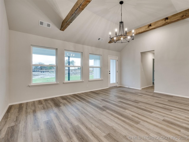 13406 E 124th St, Collinsville, OK 74021 - empty room with an inviting chandelier, beamed ceiling, and visible vents