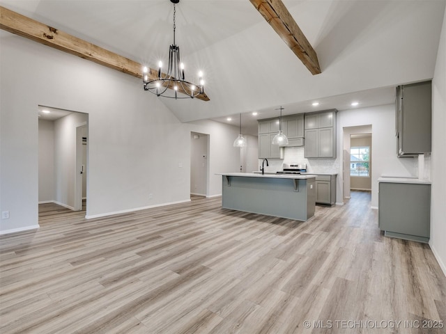 13406 E 124th St, Collinsville, OK 74021 - kitchen featuring light countertops, beamed ceiling, baseboards, a sink, and gray cabinets