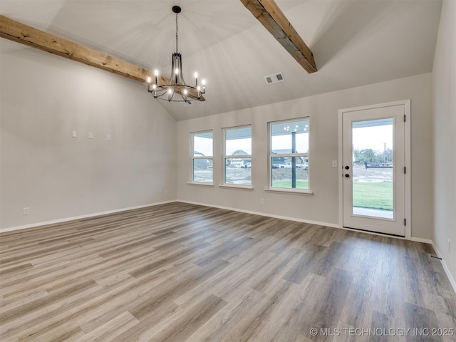 13406 E 124th St, Collinsville, OK 74021 - unfurnished room featuring lofted ceiling with beams, wood finished floors, baseboards, visible vents, and an inviting chandelier