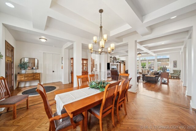 418 E 111th St S, Jenks, OK 74037 - dining area with coffered ceiling, a chandelier, a ceiling fan, recessed lighting, and beam ceiling