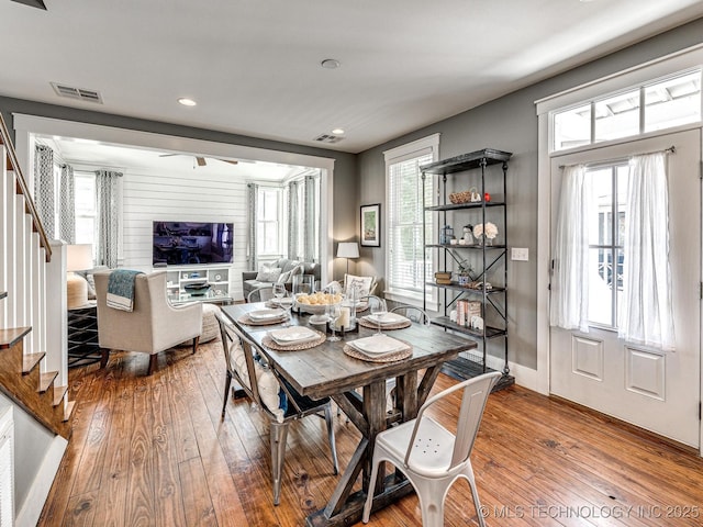 35 Boardwalk St Unit A, Carlton Landing, OK 74432 - dining area featuring stairway, hardwood / wood-style flooring, recessed lighting, and a ceiling fan