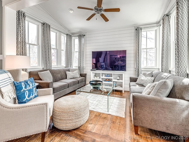 35 Boardwalk St Unit A, Carlton Landing, OK 74432 - living area featuring plenty of natural light, ceiling fan, hardwood / wood-style floors, and lofted ceiling