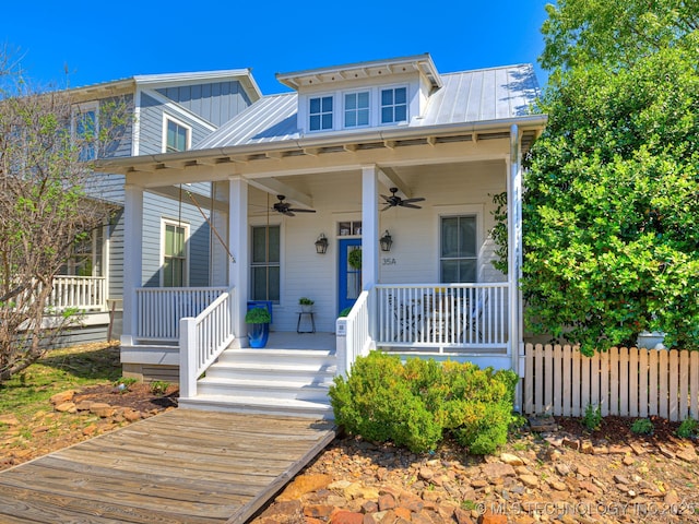 35 Boardwalk St Unit A, Carlton Landing, OK 74432 - bungalow-style house featuring a porch, a ceiling fan, a metal roof, and a standing seam roof