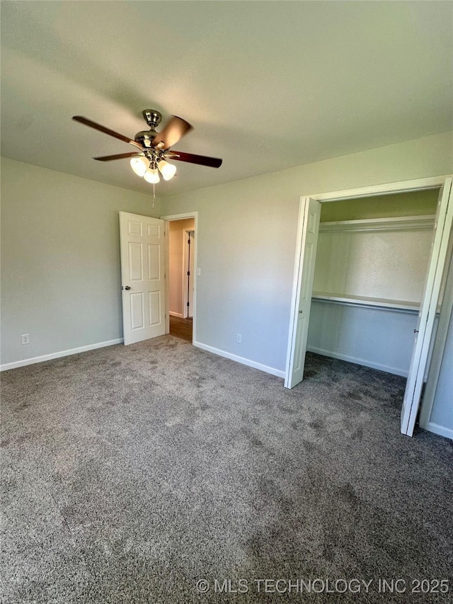 unfurnished bedroom featuring baseboards, ceiling fan, and carpet flooring