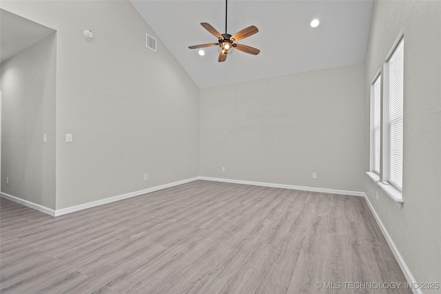 809 H NW, Ardmore, OK 73401 - empty room with a ceiling fan, light wood-type flooring, a smoke detector, high vaulted ceiling, and recessed lighting
