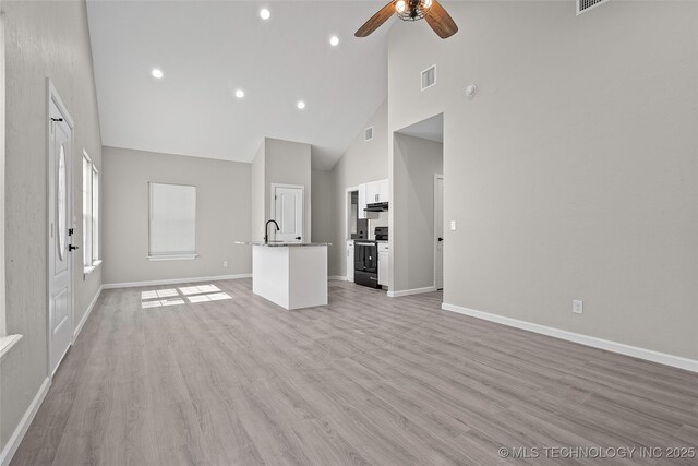 809 H NW, Ardmore, OK 73401 - unfurnished living room featuring high vaulted ceiling, a ceiling fan, light wood-style flooring, and recessed lighting