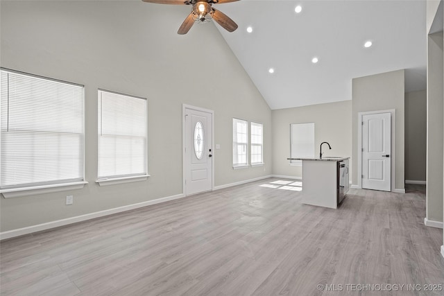 809 H NW, Ardmore, OK 73401 - unfurnished living room featuring high vaulted ceiling, ceiling fan, recessed lighting, and light wood-type flooring