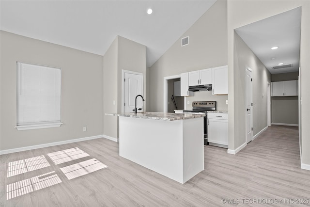 809 H NW, Ardmore, OK 73401 - kitchen with stainless steel electric range oven, light stone countertops, exhaust hood, light wood-type flooring, and white cabinets