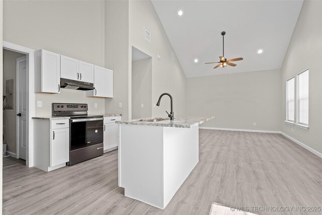 809 H NW, Ardmore, OK 73401 - kitchen featuring electric stove, high vaulted ceiling, under cabinet range hood, white cabinets, and ceiling fan