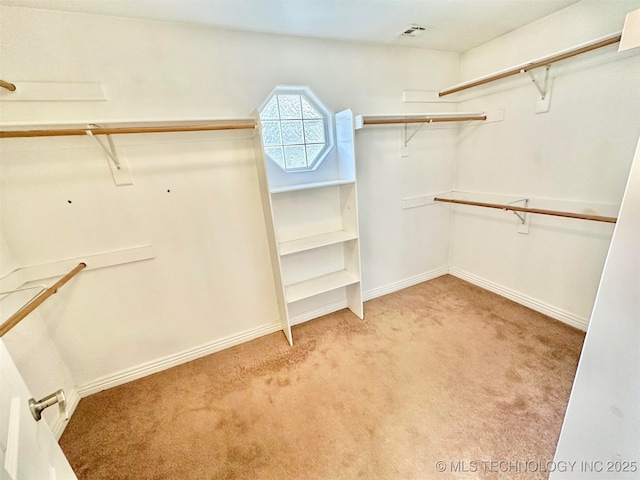 spacious closet featuring visible vents and light colored carpet