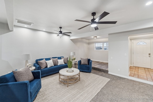 18446 E 112th St, Owasso, OK 74055 - living room featuring visible vents, baseboards, ceiling fan, carpet floors, and recessed lighting