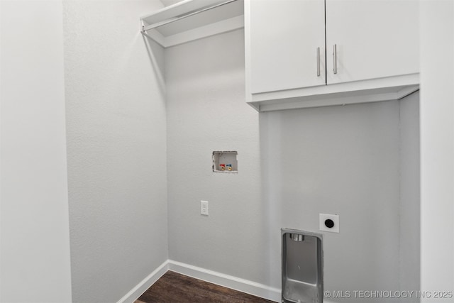 18446 E 112th St, Owasso, OK 74055 - laundry room with hookup for an electric dryer, baseboards, cabinet space, hookup for a washing machine, and dark wood finished floors