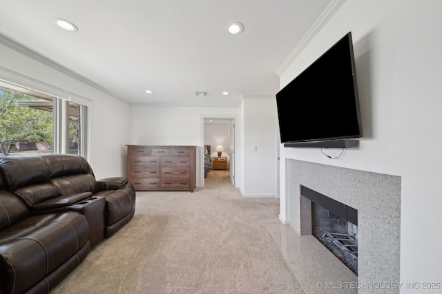 2947 S Peoria Ave, Tulsa, OK 74114 - living area featuring baseboards, visible vents, recessed lighting, crown molding, and a fireplace