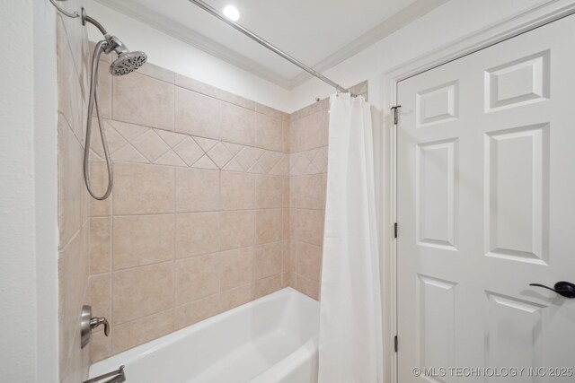 2947 S Peoria Ave, Tulsa, OK 74114 - full bath featuring shower / bath combination with curtain and ornamental molding