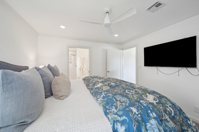 2947 S Peoria Ave, Tulsa, OK 74114 - carpeted bedroom with ceiling fan, ornamental molding, visible vents, and recessed lighting