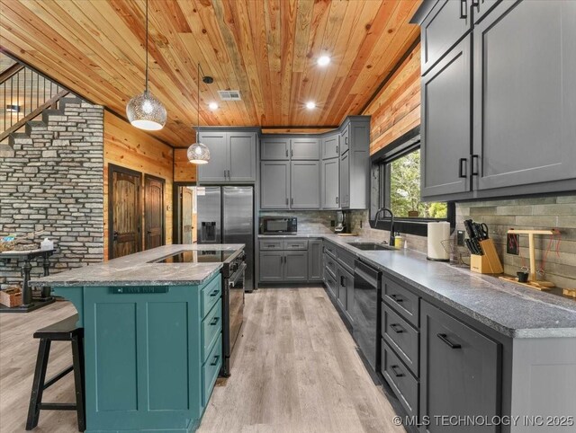1739 NW 136th Rd, Wilburton, OK 74578 - kitchen featuring gray cabinetry, wood ceiling, a sink, built in microwave, and visible vents
