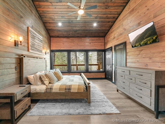 1739 NW 136th Rd, Wilburton, OK 74578 - unfurnished bedroom with high vaulted ceiling, light wood-type flooring, wooden walls, and wood ceiling