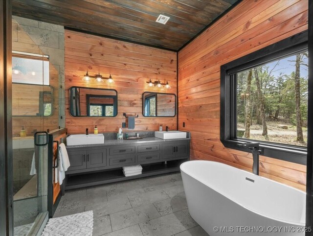 1739 NW 136th Rd, Wilburton, OK 74578 - bathroom featuring double vanity, a sink, wooden ceiling, and a shower stall