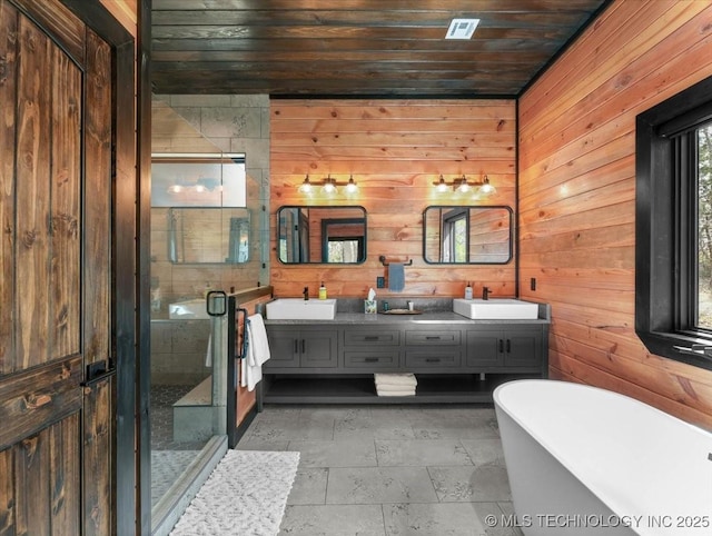 1739 NW 136th Rd, Wilburton, OK 74578 - full bath with a shower stall, wooden ceiling, wood walls, and a sink