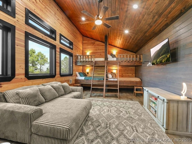 1739 NW 136th Rd, Wilburton, OK 74578 - bedroom featuring wood walls, vaulted ceiling, recessed lighting, and wooden ceiling