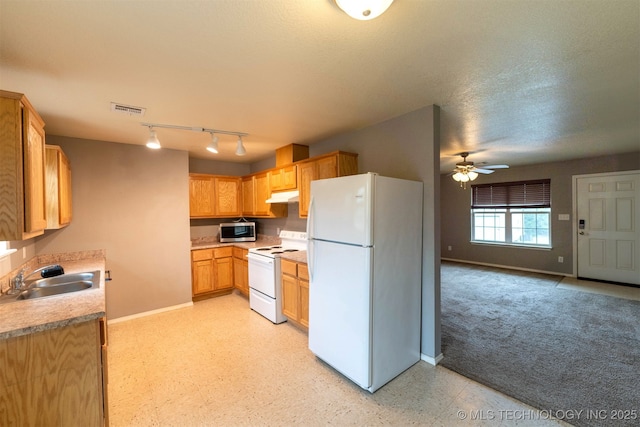 464888 E 1010th Rd, Sallisaw, OK 74955 - kitchen featuring visible vents, a sink, ceiling fan, white appliances, and under cabinet range hood