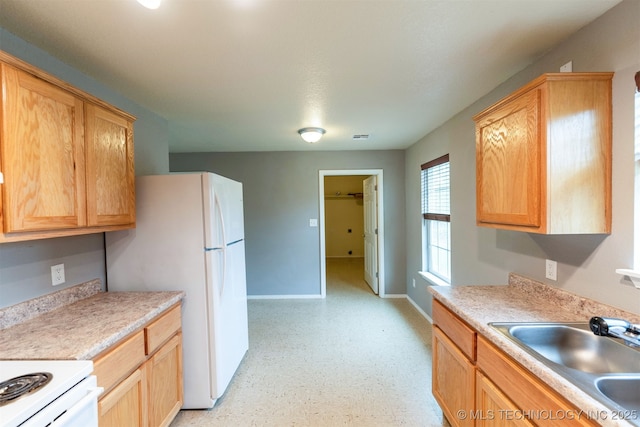 464888 E 1010th Rd, Sallisaw, OK 74955 - kitchen featuring a sink, light countertops, baseboards, and white appliances
