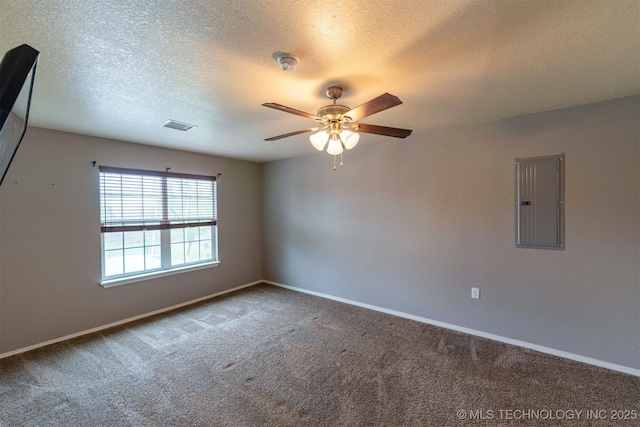 464888 E 1010th Rd, Sallisaw, OK 74955 - carpeted empty room with electric panel, baseboards, a ceiling fan, and visible vents