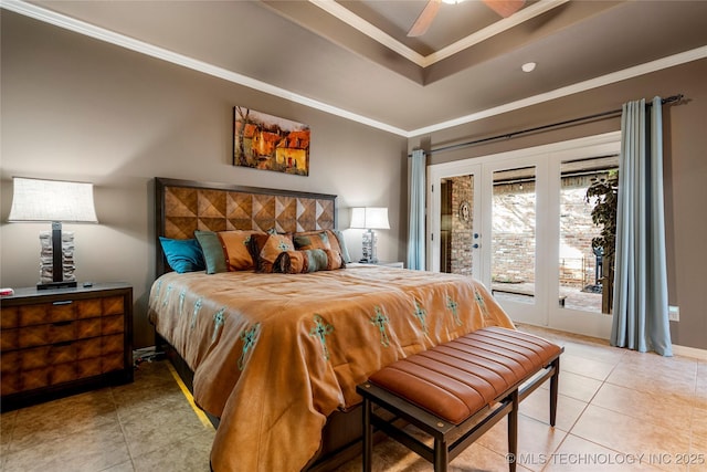 6323 E 111th Pl, Tulsa, OK 74137 - bedroom featuring access to exterior, a tray ceiling, light tile patterned floors, crown molding, and ceiling fan