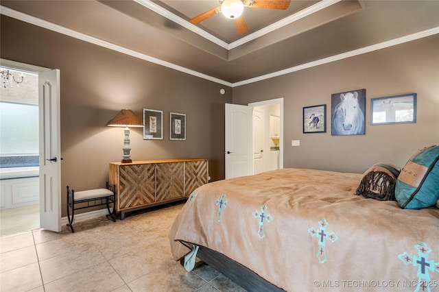 6323 E 111th Pl, Tulsa, OK 74137 - bedroom with a tray ceiling, tile patterned floors, crown molding, and ceiling fan