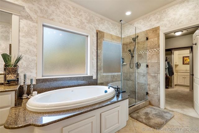 6323 E 111th Pl, Tulsa, OK 74137 - full bath featuring a shower stall, a bath, tile patterned floors, and ornamental molding