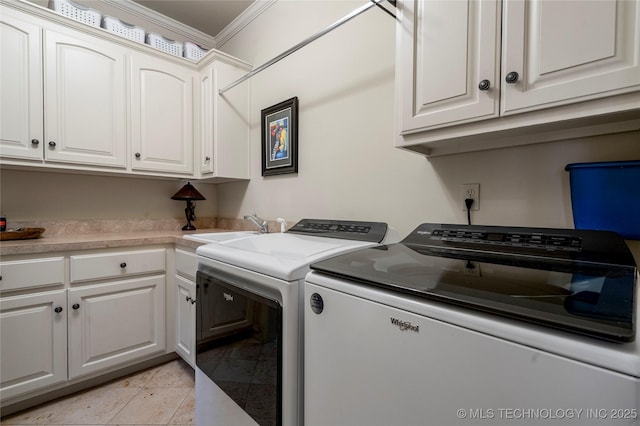 6323 E 111th Pl, Tulsa, OK 74137 - washroom with washer and clothes dryer, cabinet space, crown molding, and light tile patterned floors