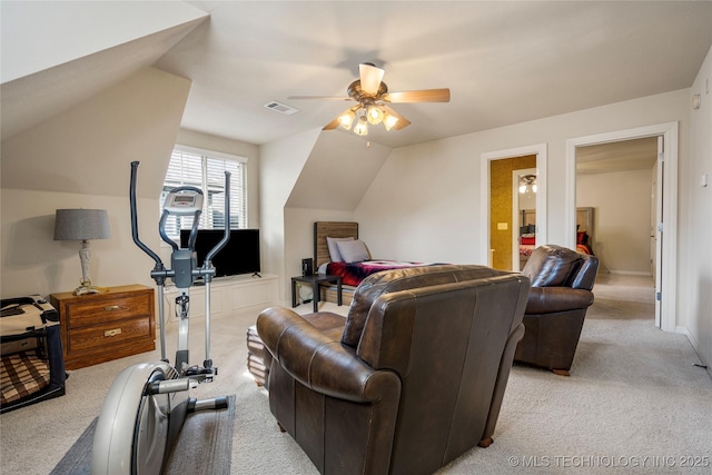 6323 E 111th Pl, Tulsa, OK 74137 - bedroom with light carpet, lofted ceiling, and ceiling fan